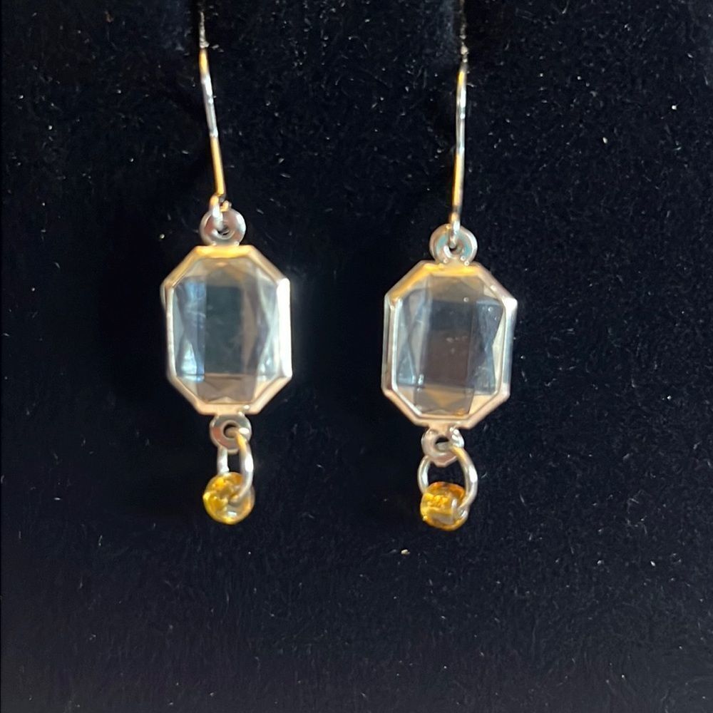 Handcrafted silver tone clear stone with amber bead earrings
